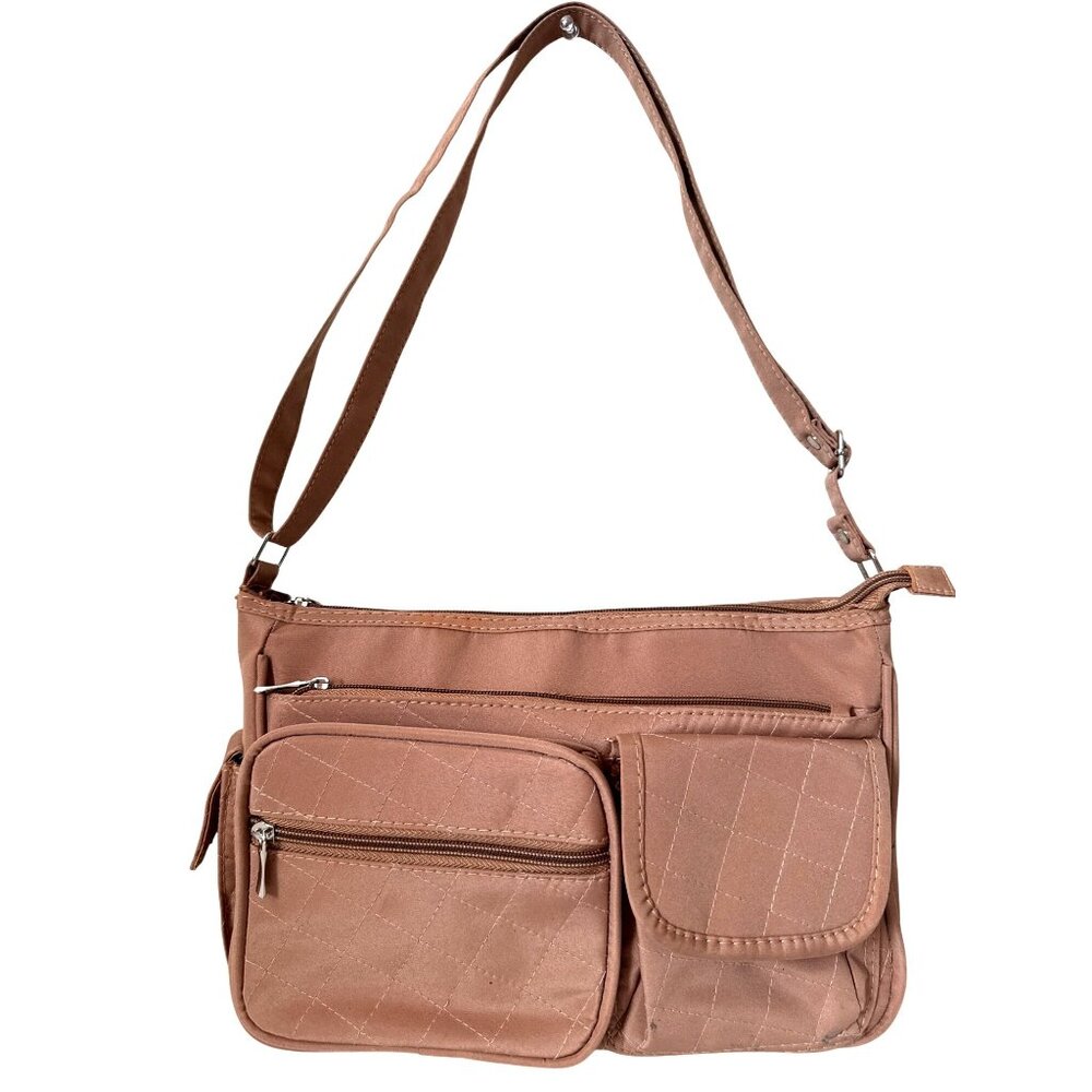 Light Brown Quilted Pocket Shoulder Bag With Adjustable Strap‎ & Zip Closures